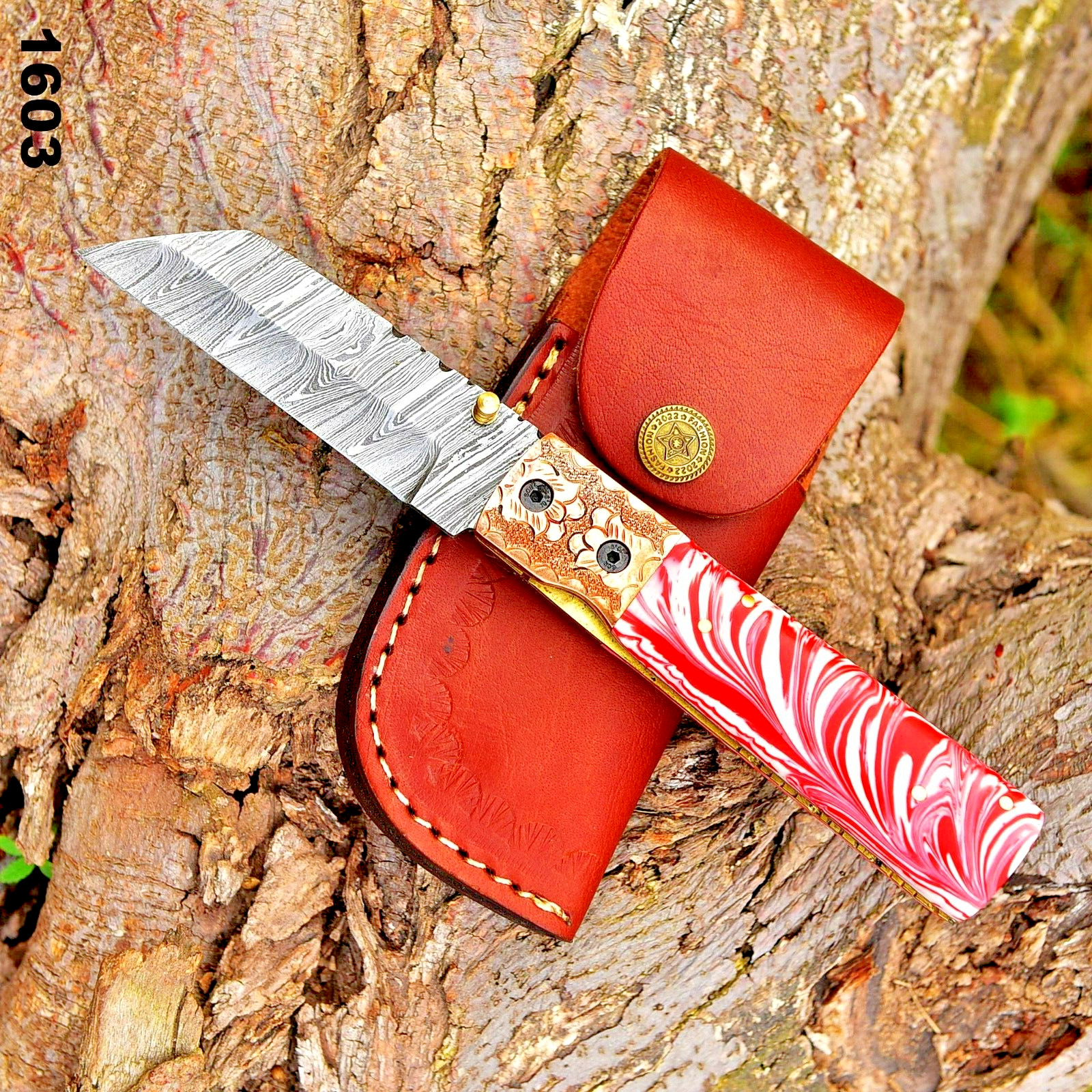 HAND FORGED DAMASCUS STEEL FOLDING POCKET SEAX KNIFE CAMPING +SHEATH EDC 1603