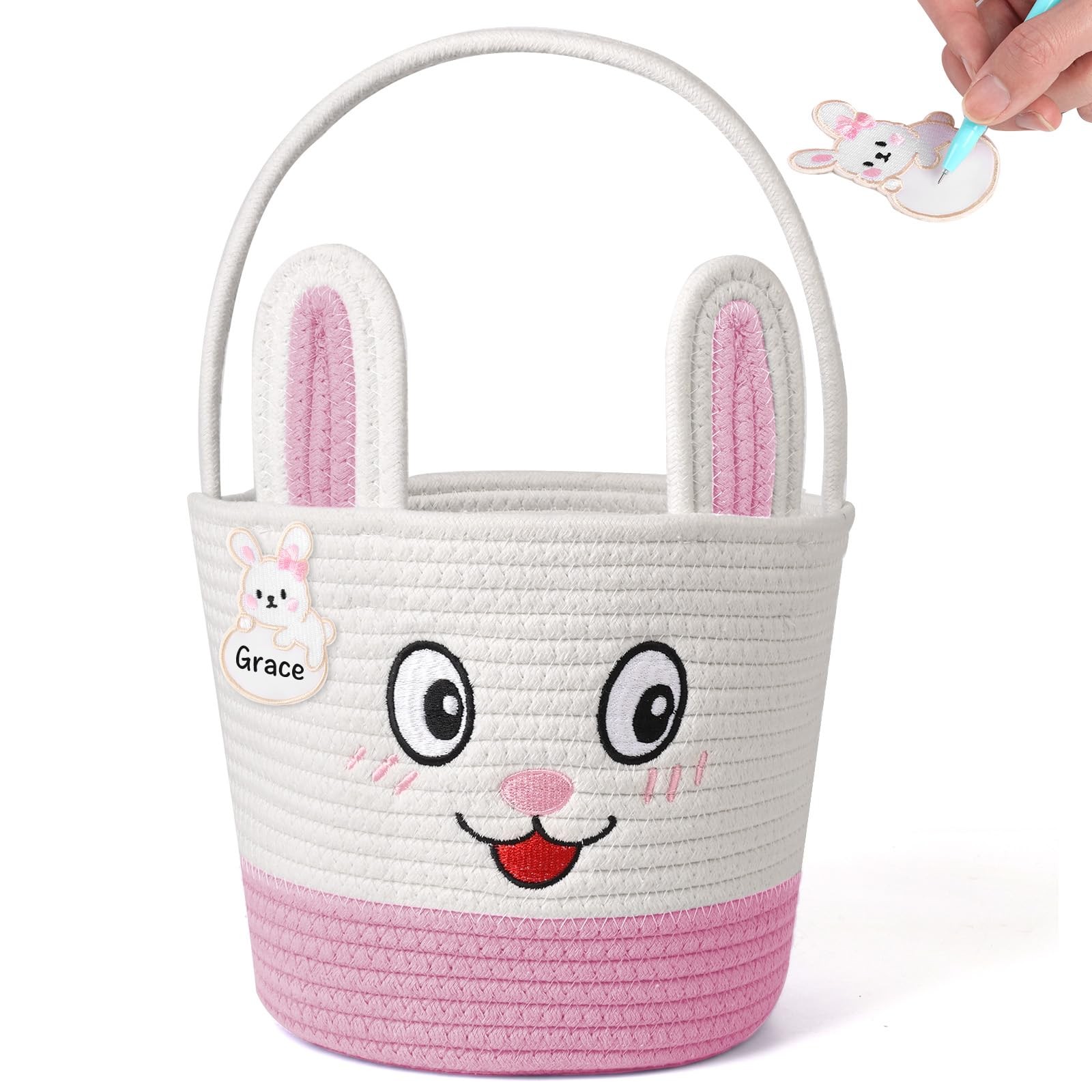 Soft Reusable Bunny Easter Basket Bag With Handle Name Tag Pink Kids