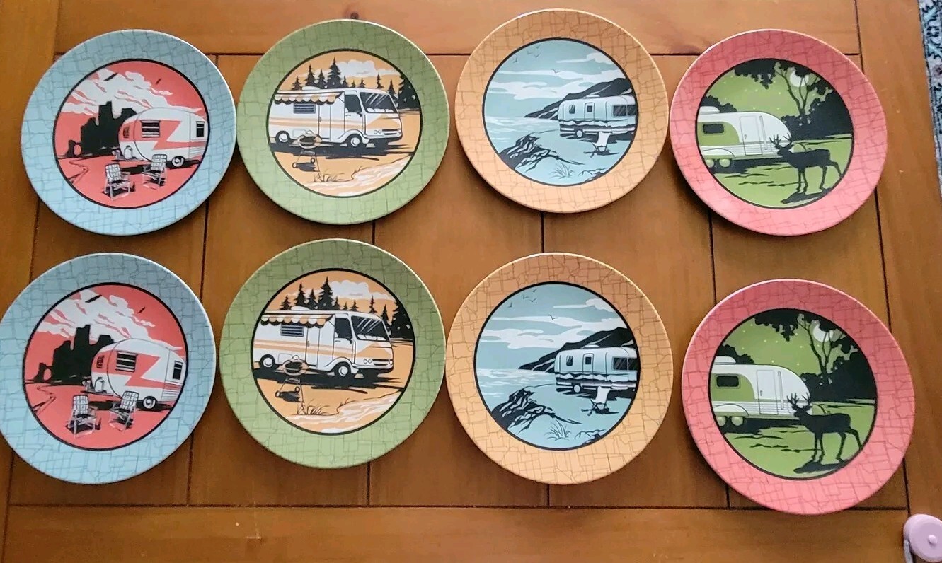 8 Camp Casual Melamine Dinner Plates Hunting Beach Camper RV Deer 11" Set Lot