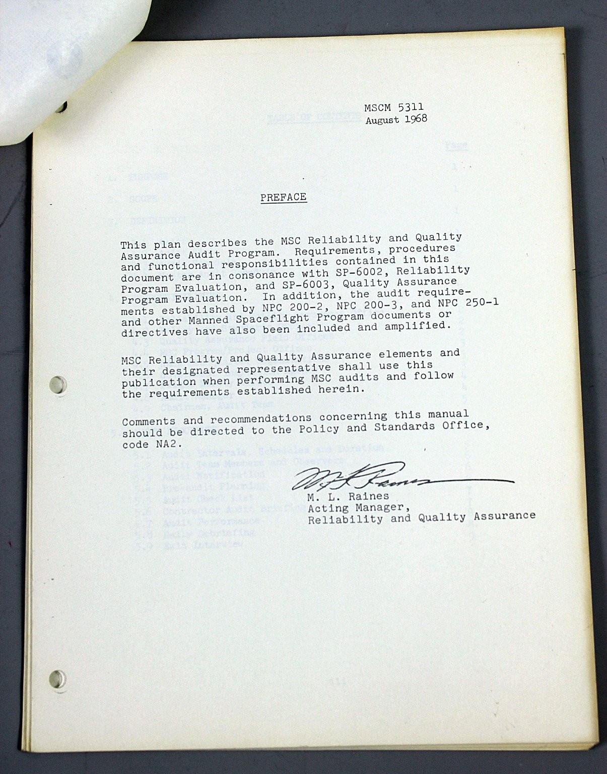 NASA MSCM 5311 Apollo Technical Manual Reliability Quality Audit 1968