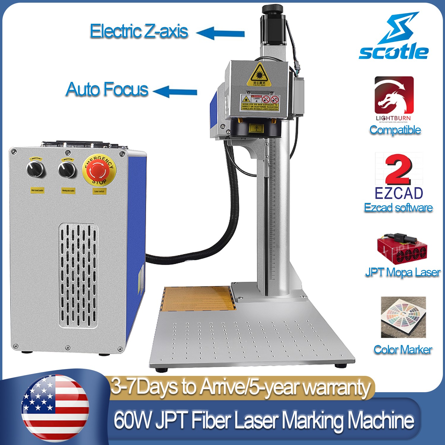 Scotle 60W JPT Mopa M7 Auto Focus Fiber Laser Marking Machine Metal Engraver