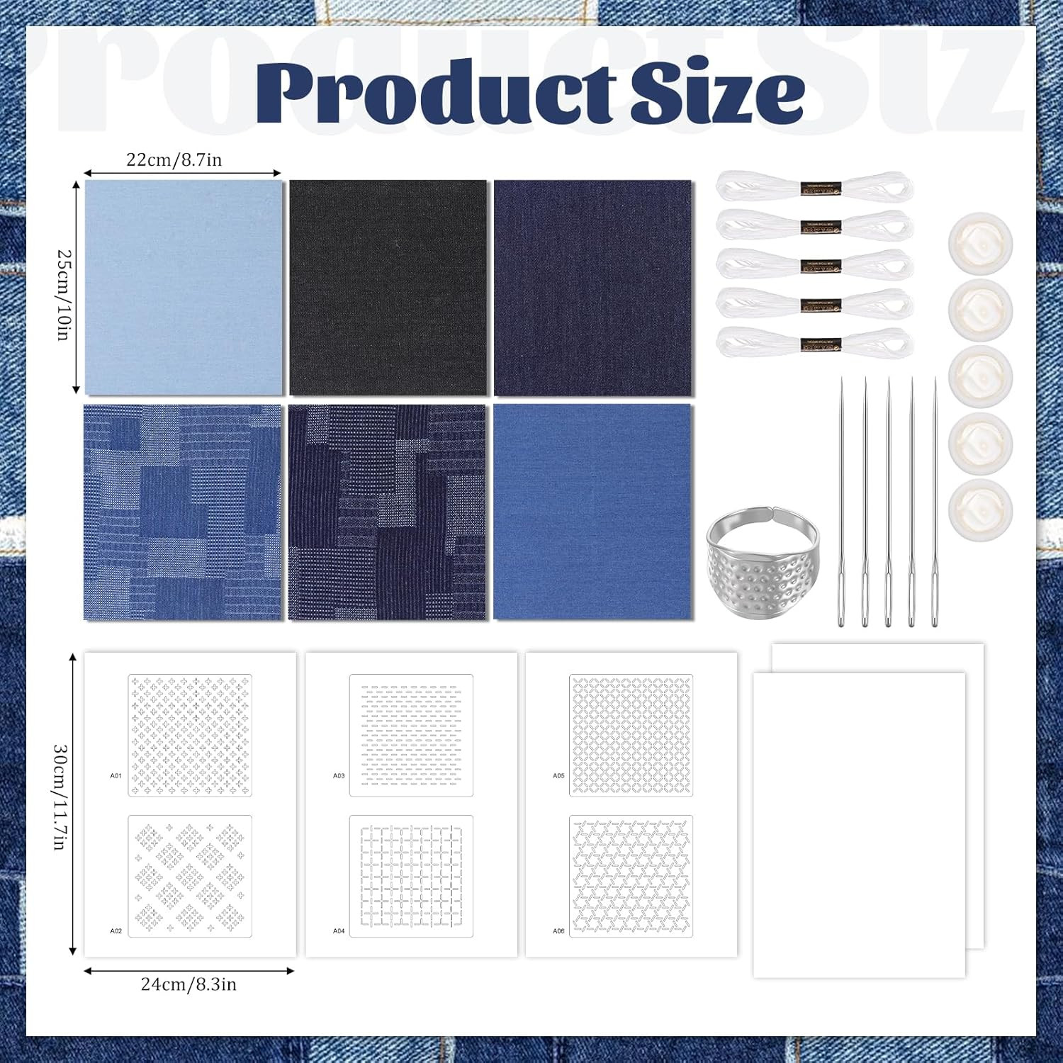 27Pcs Sashiko Kit, Sashikos Fabric Sashiko Stencils Kit Include 6Pcs Water So...