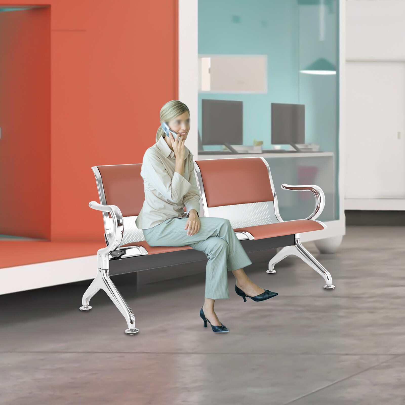 Waiting Room Chair Reception Guest Chair Office Bank Airport Bench 2 Seat, Brown
