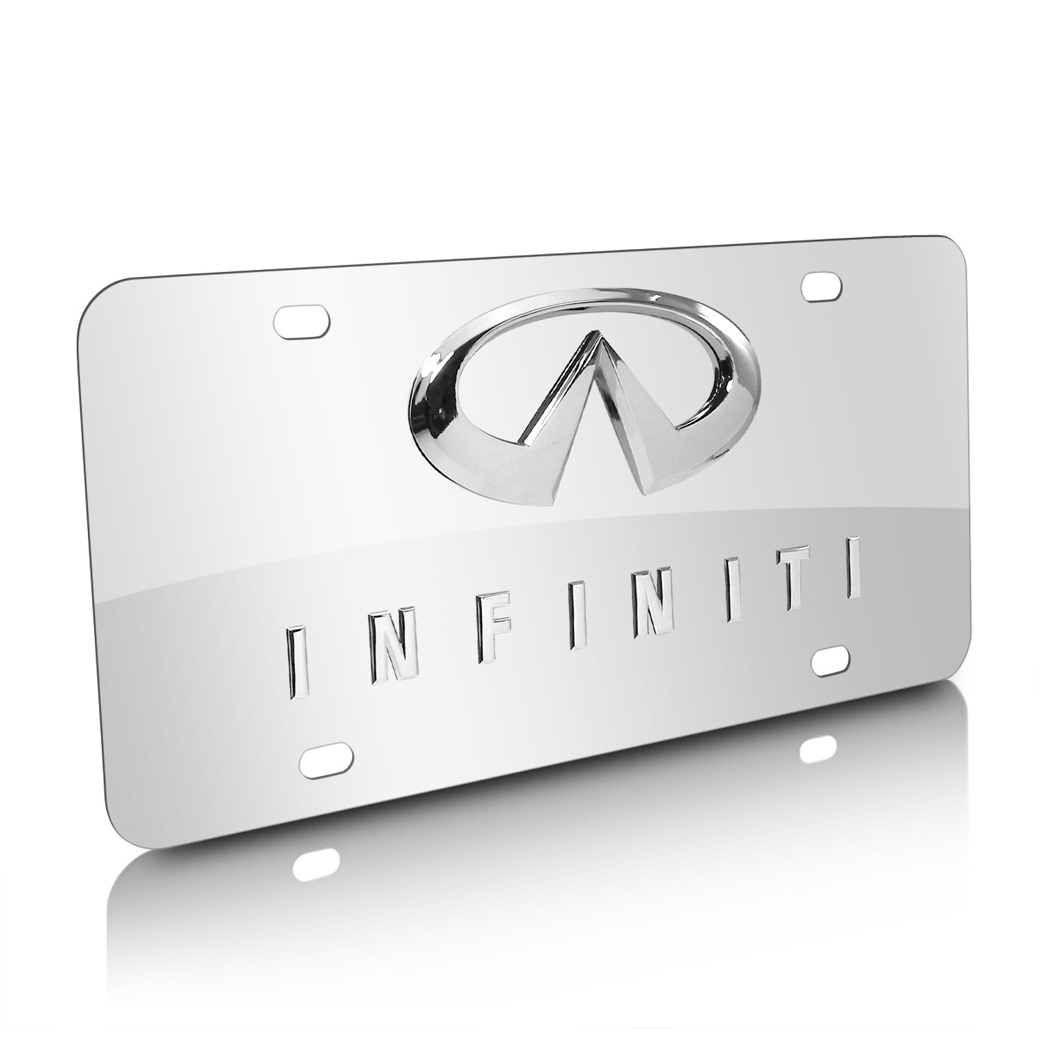 Infiniti Dual 3D Heavy Metal Chrome Logo on Chrome Stainless Steel License Plate