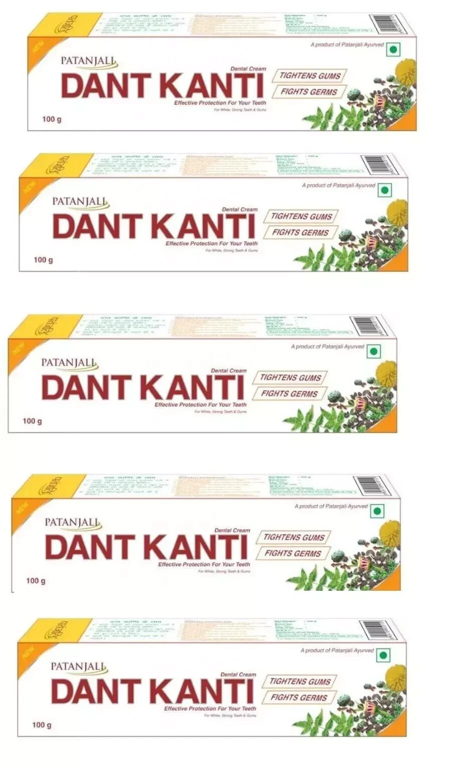 Patanjali Dant Kanti Toothpaste(Pack of 5 - 100g each) HERBAL FREE SHIP