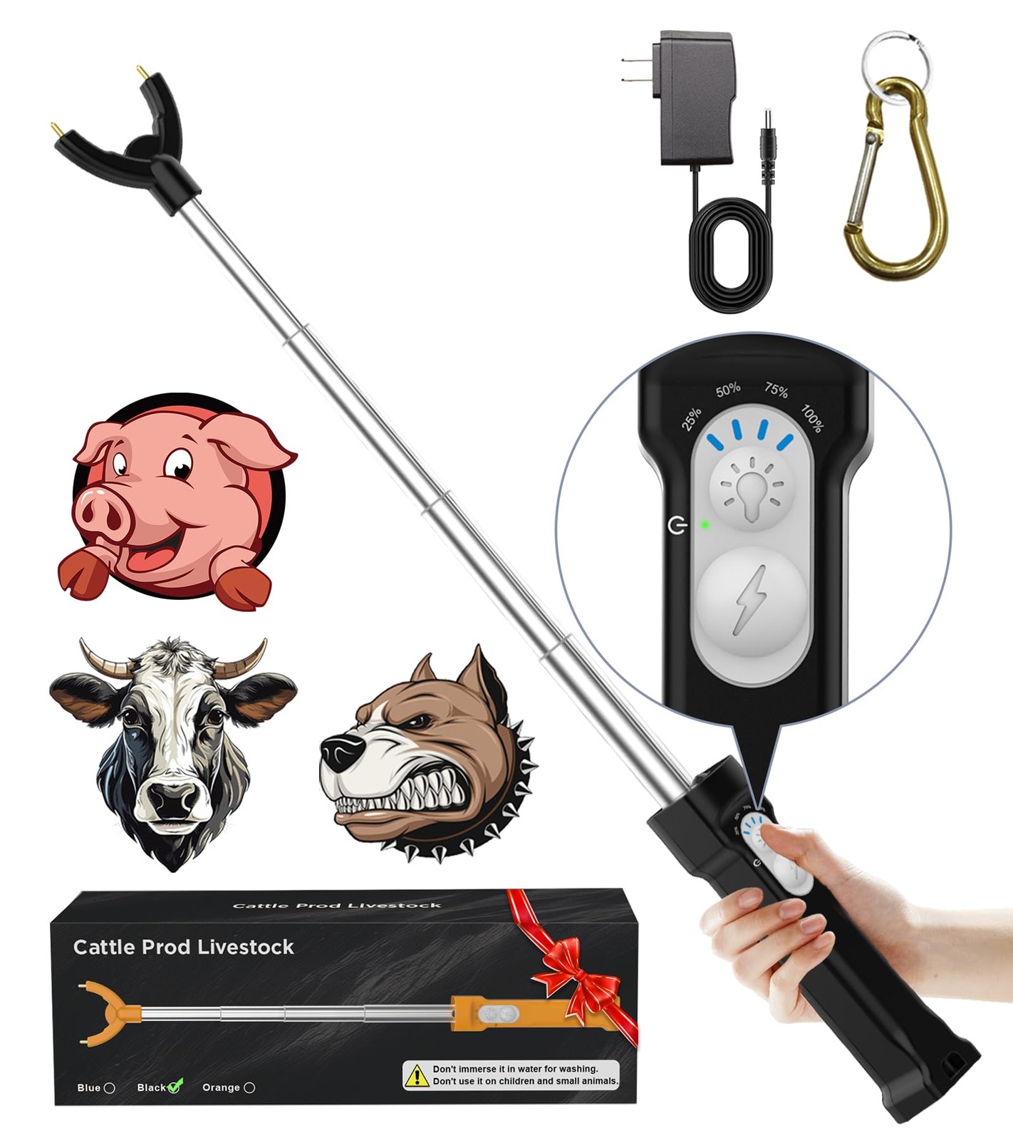 Rechargeable Waterproof Cattle Prod with LED Light, 37 Inch Electric Stick