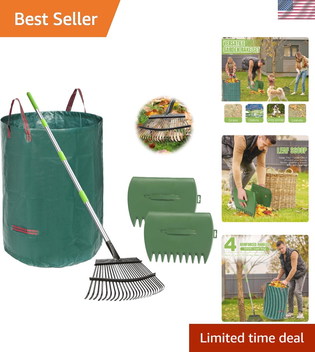65 Inch 25 Tines Metal Leaf Rake Set with 32 Gal Bags Scoops, 18in Wide | Hea...