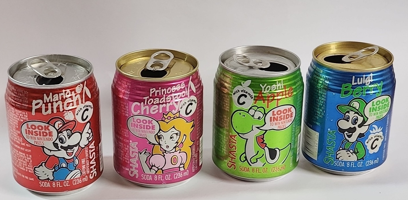 Mario Punch Princess Toadstool Yoshi & Luigi Shasta Soda Cans 90's Nintendo Rare