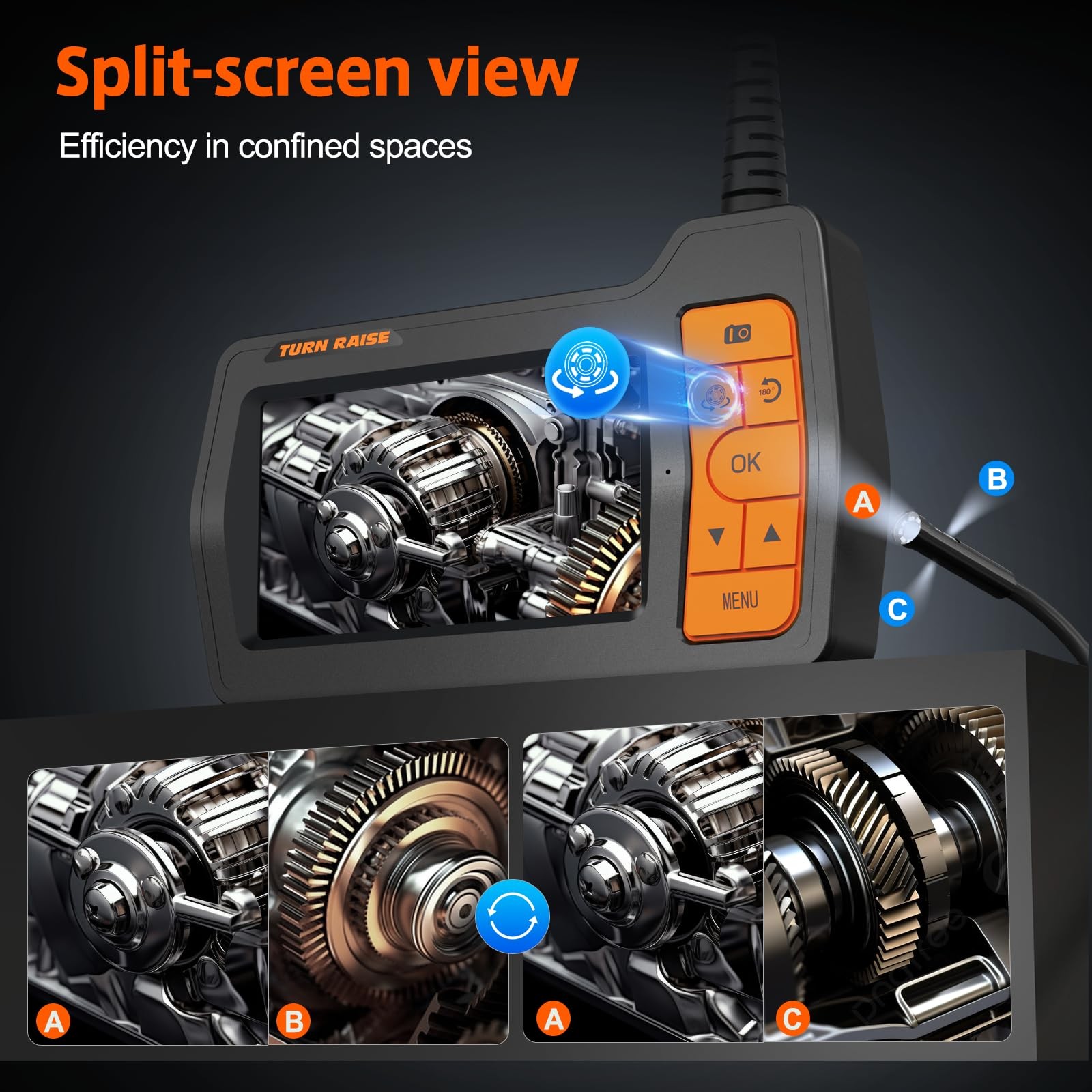 Triple Lens Inspection Drain Camera, 5" IPS Split Screen Borescope with Light...