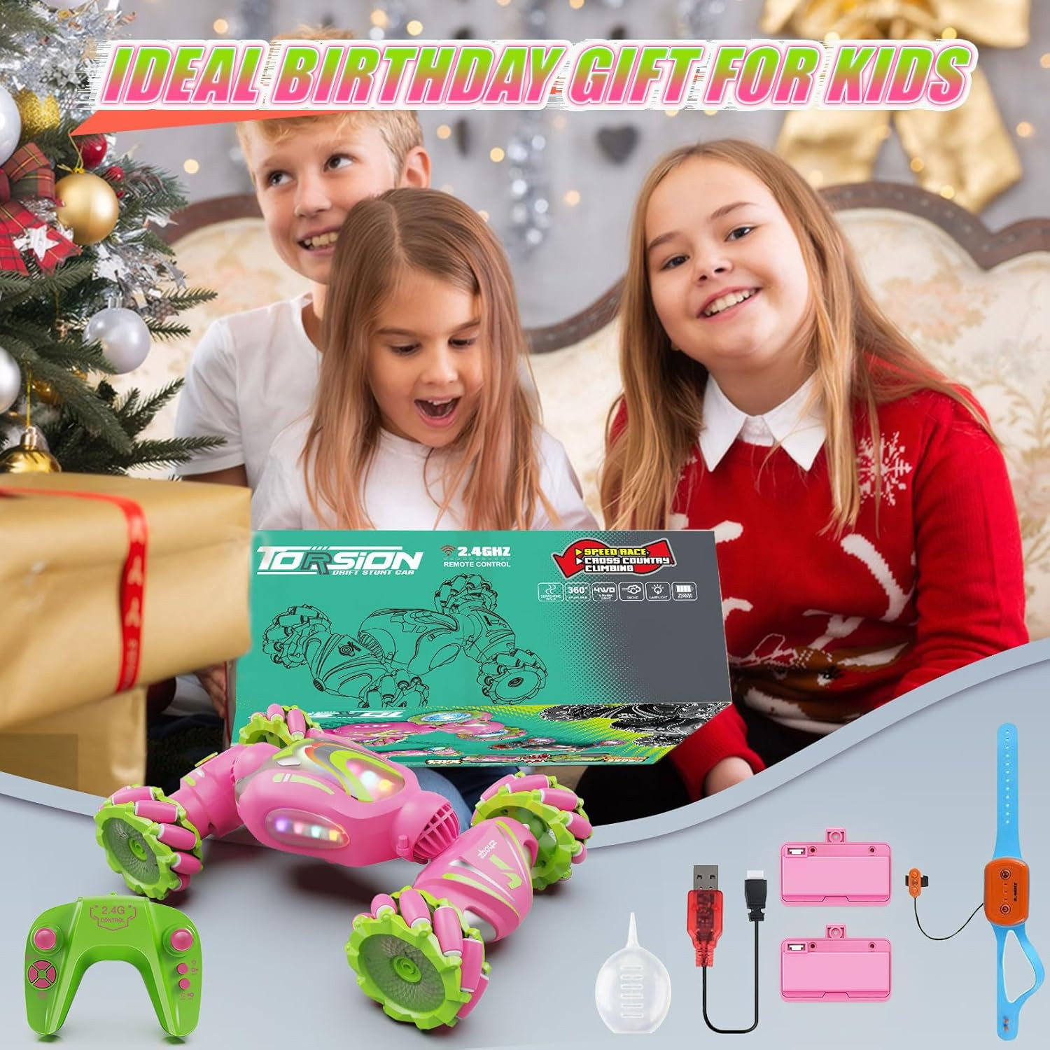 Remote Control Car, Pink RC Cars for Girls, Gesture Stunt with Light & Music, 4W