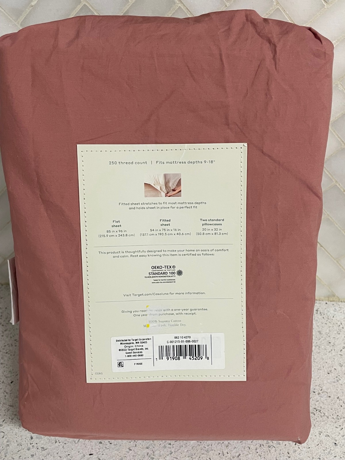 Casaluna Supima Percale Sheet Set Full Modern Rose 250 TC