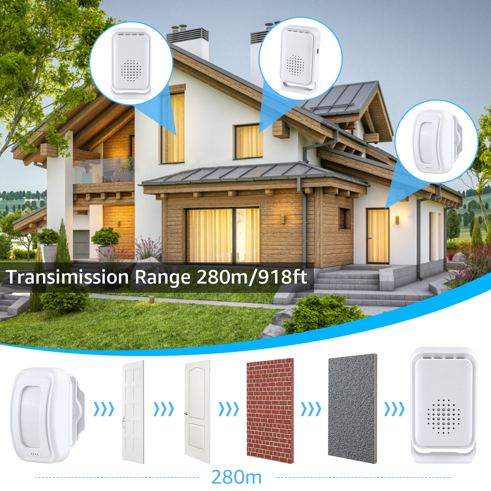 918FT Long Range Wireless Door Chime Entry Motion Sensor Alarm LED Flash