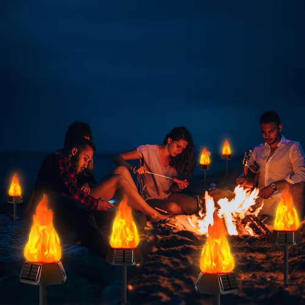 4-Pack Black Plastic Solar Outdoor Torch Lights with Flickering Flame Waterproof