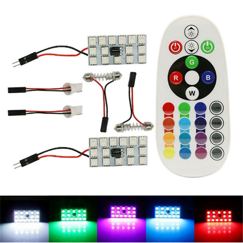 2x RGB LED Bulbs Panel 15-SMD 5050 8 Color Remote Dome Light Map License Plate