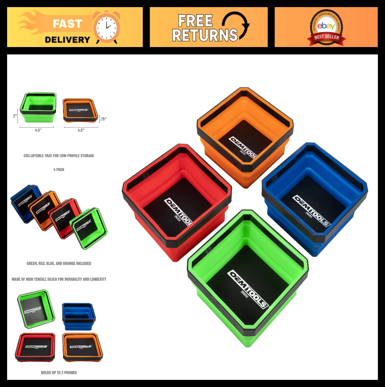 Foldable Magnetic Tray Set - 4-1/2" Square, Collapsible, 2 lb Capacity, Ideal fo