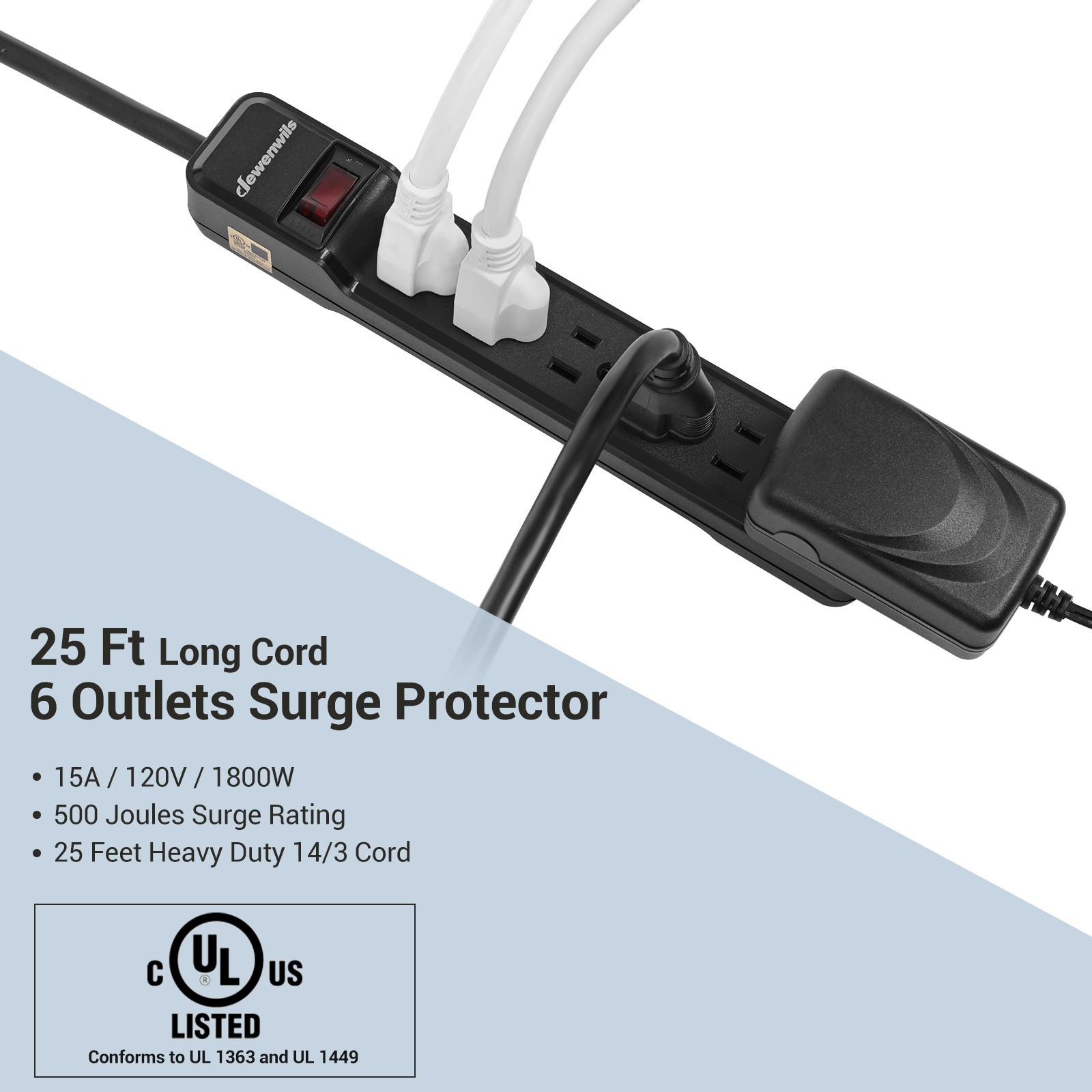 6 Outlet Surge Protector 25 Ft Long Extension Cord Low Profile Flat Plug