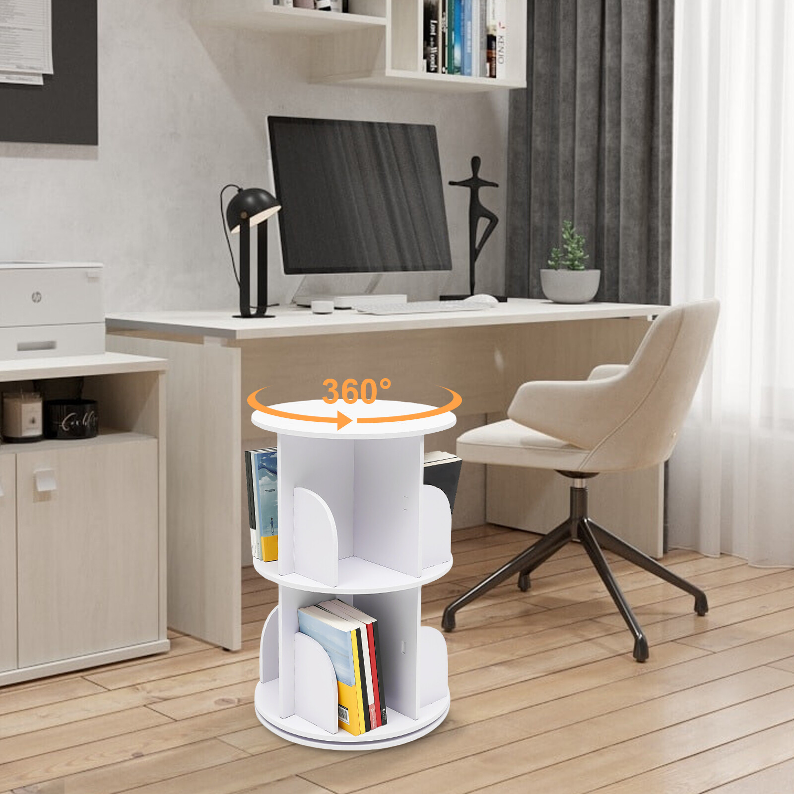 360° 2-Layer Rotating Bookshelf Bookcase,Freestanding Storage Shelf Display Rack