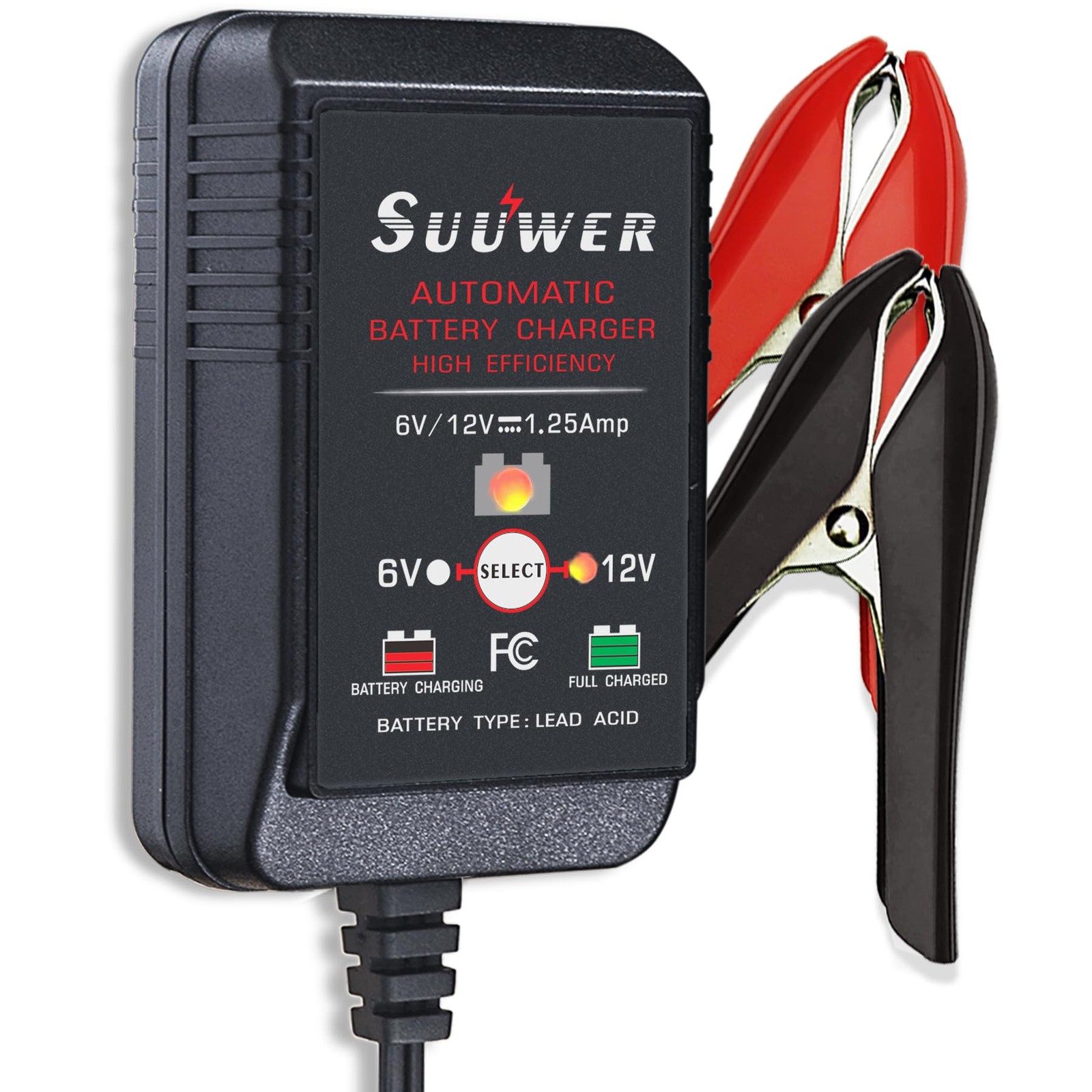 Suuwer 1.25-Amp Trickle Battery Charger 6V/12V Fully-Automatic Smart Black