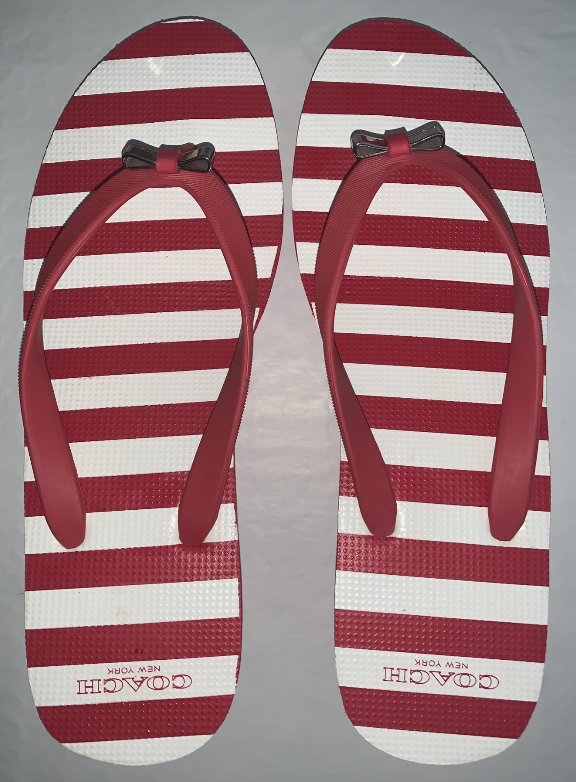 Coach Sandals Size 10 Loralyn Pink White Stripe Wedge Flip Flops Bow Preppy