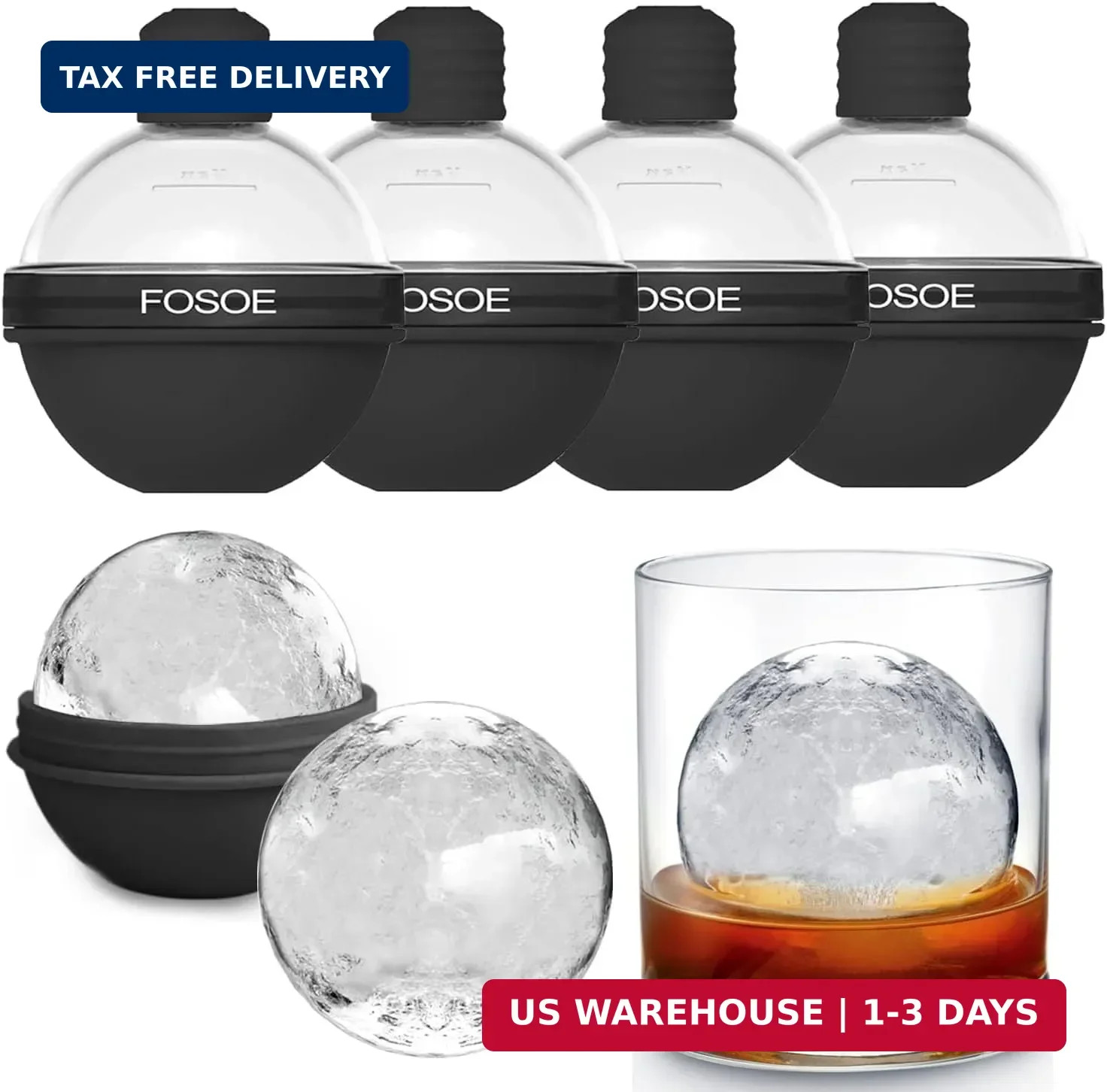 Silicone Ice Ball Molds for Whiskey - Set of 4 Round Makers with Lids for Cockta