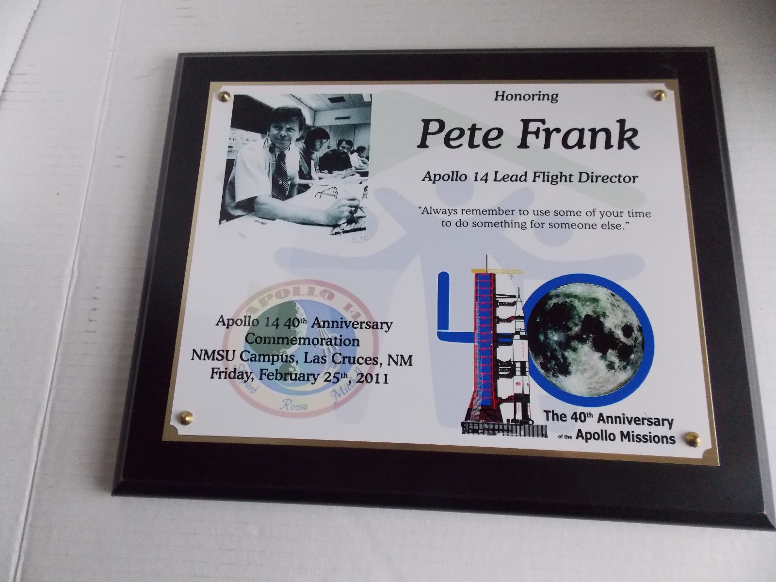 Apollo 14 Lead Flight Director Pete Frank Plaque by Cruces Trophy 13" x 10,5"