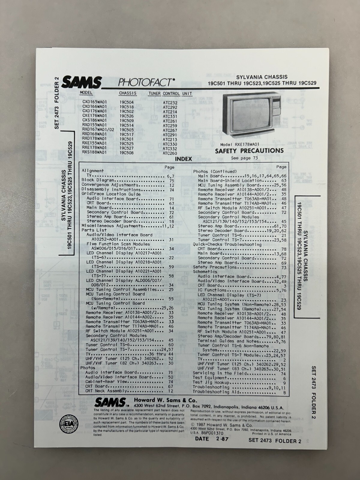 Sylvania 19C501 19C523 19C525 19C529 Service Manual Sams Photofact Free Shipping