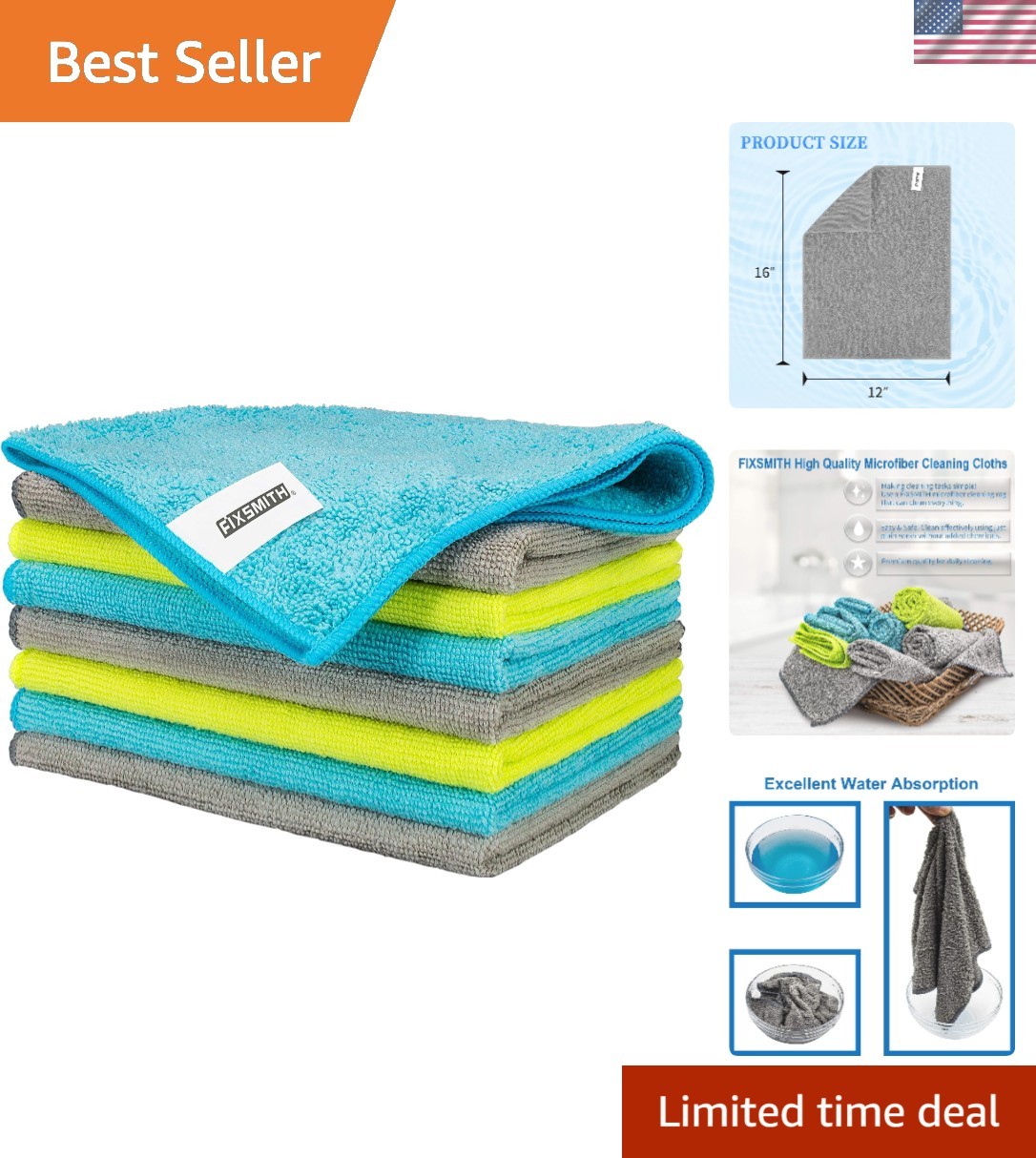 Highly Absorbent Microfiber Towels, 8-Piece Set, 12x16 in for Streak-Free Shine