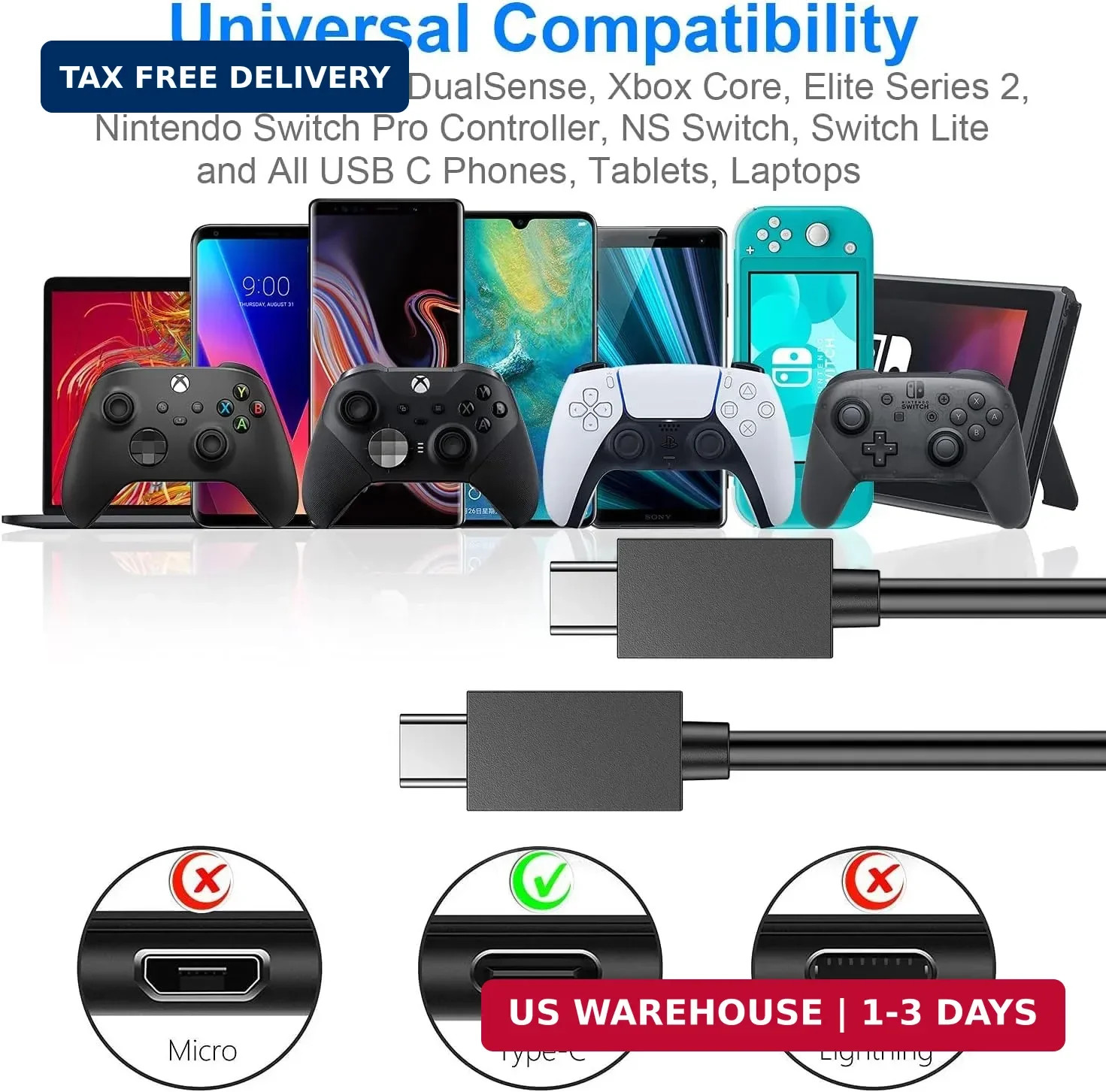 PS5 Controller Charger – 2 Pack 5FT OEM Original 3A Fast Charging Cable USB C to