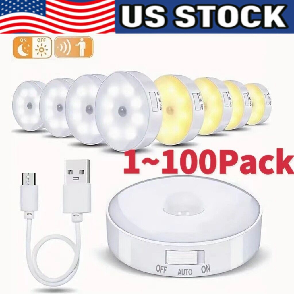 LED Motion Sensor Under Cabinet Closet Light USB Rechargeable Kitchen Lamp