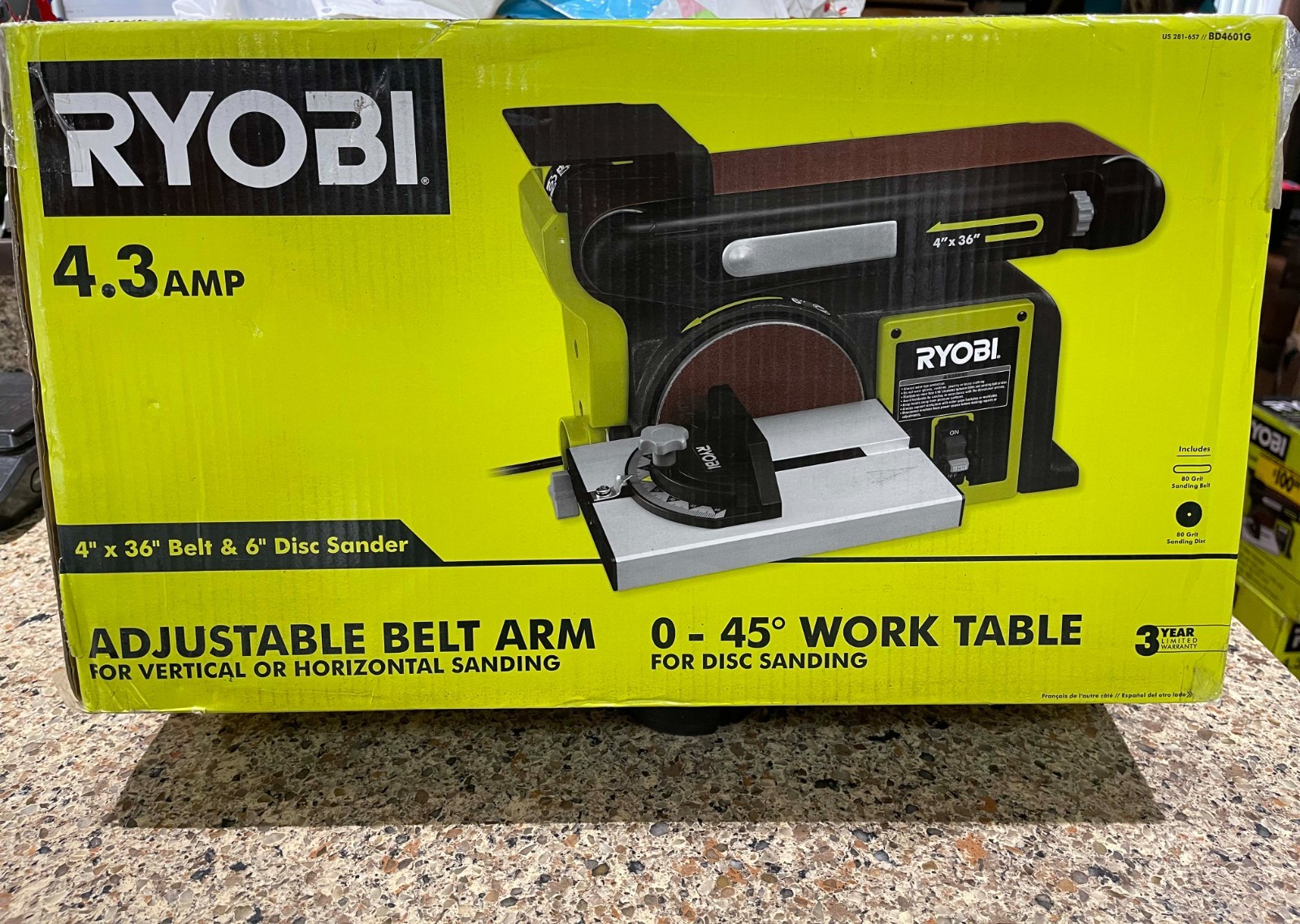 NEW! RYOBI TOOLS Corded 4"x 36" Belt & 6" Disc Sander - Model # BD4601G "SEALED"