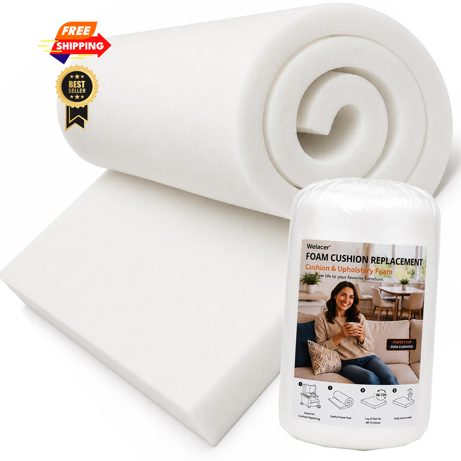 Welacer Upholstery Foam Pad, 72x24x2in Cushion Replacement 72x24x2in, White