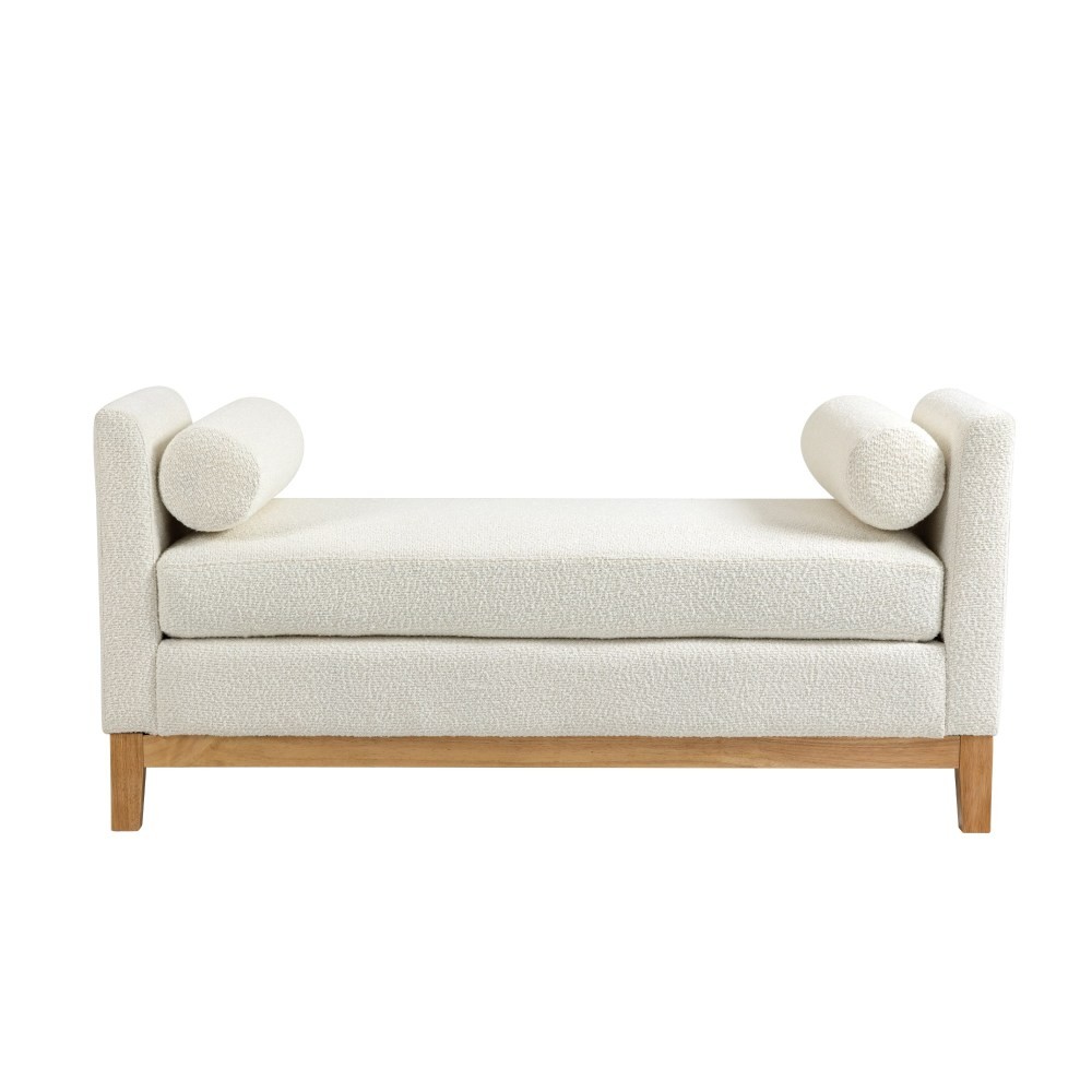 54.3"W Elegant Upholstered Bench, Ottoman with Wood Legs & 2 Bolster