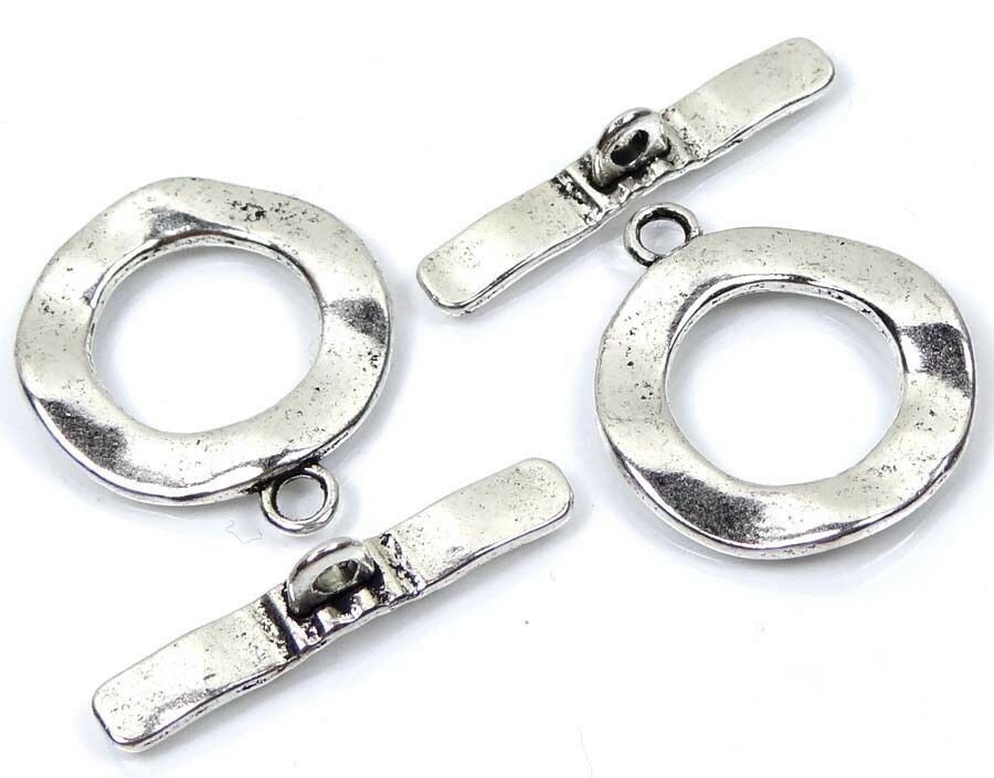 4 Sets Hammered Wavy Antique Silver Pewter Disc Toggle