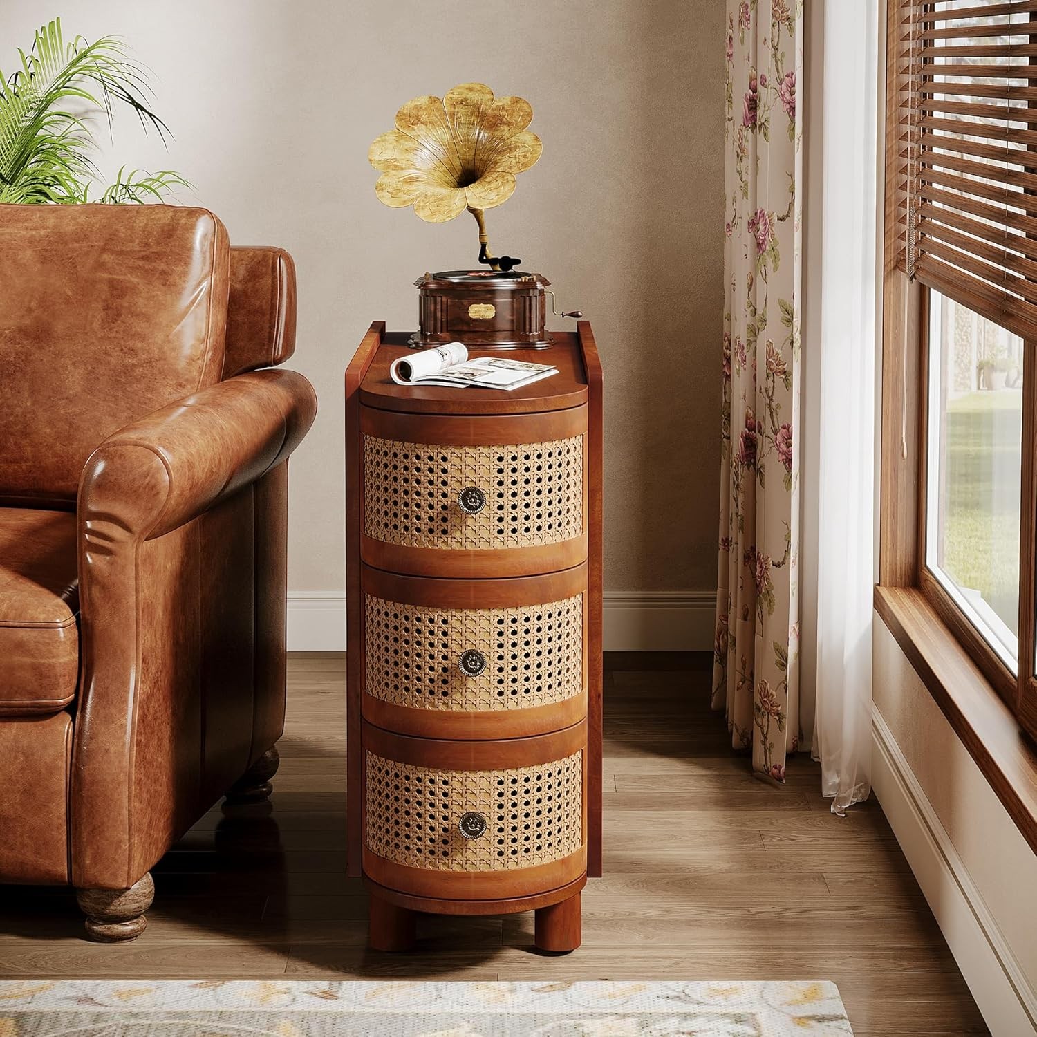 Solid Wood End Table with 3-Drawers, Fully Assembly Modern Rattan Side Table