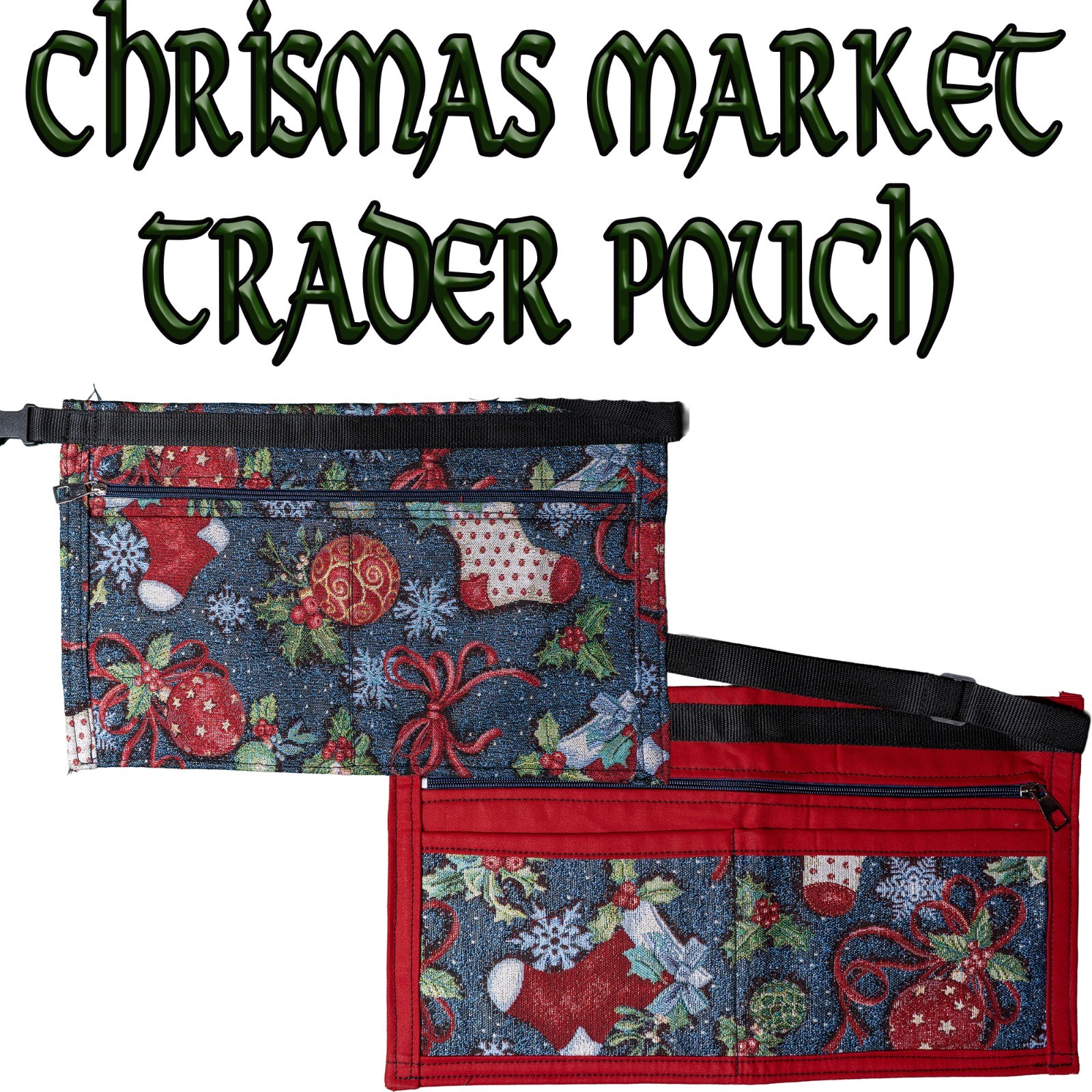 Festive Xmas CHRISTMAS MARKET Trader Money Belt Pouch Adjustable Strap 4 Pocket