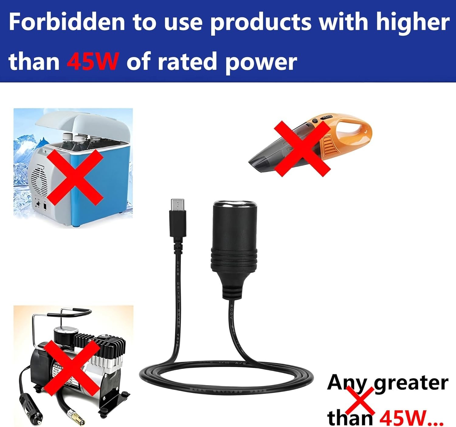 12V USB-C Car Cigarette Adapter - 65W PD Power Cable