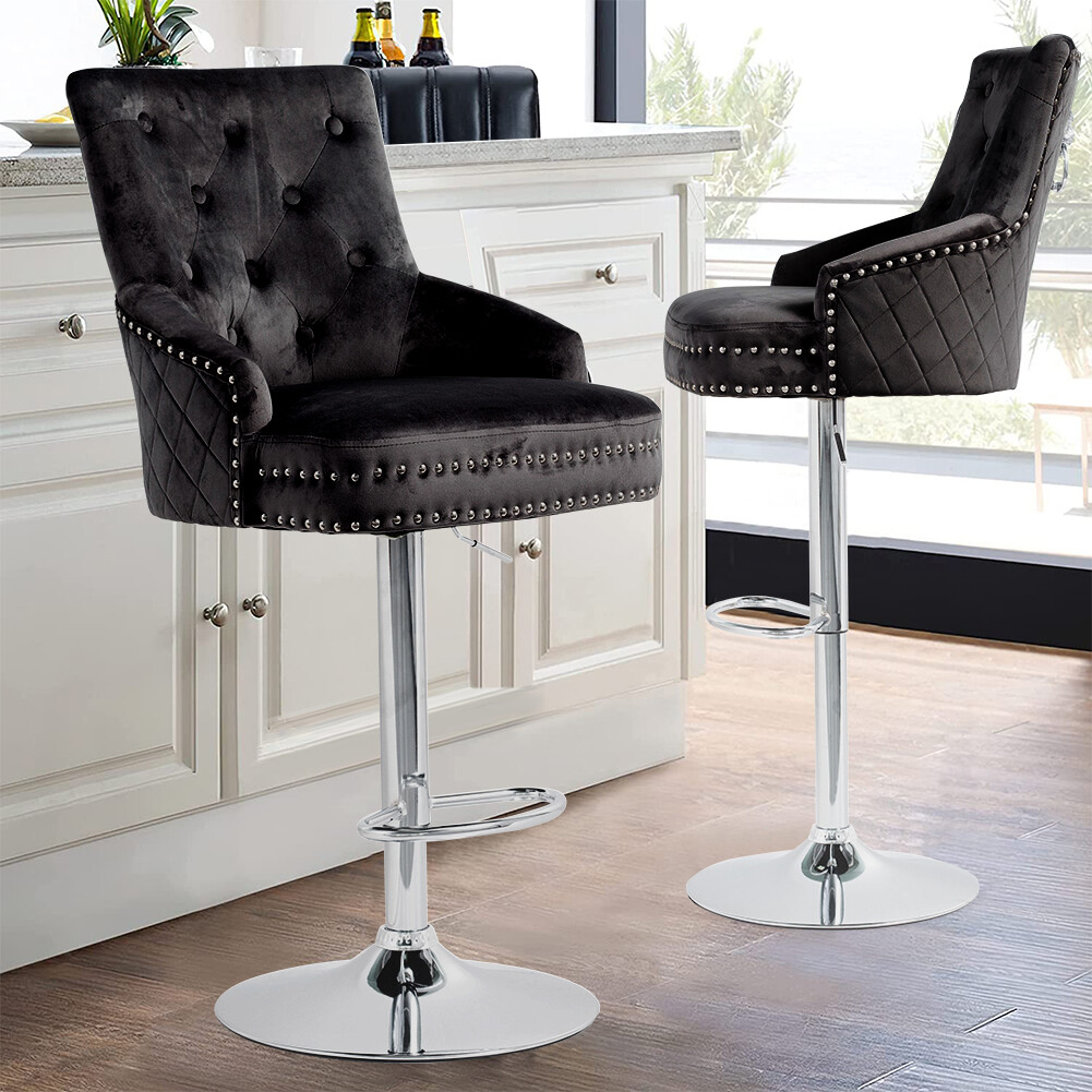 Extra Large Velvet Bar Stool Heavy Duty Adjustable Breakfast Chair w Stable Base