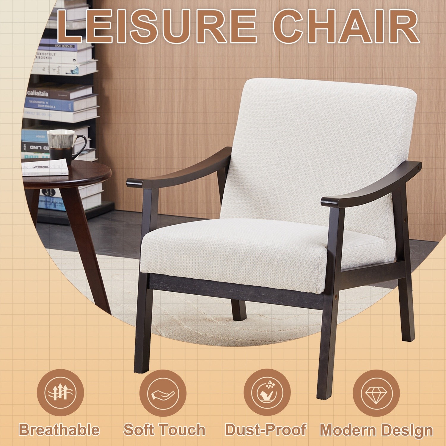 Modern Accent Chair Fabric Upholstered Armchair Leisure Chair w/ Solid Wood Leg