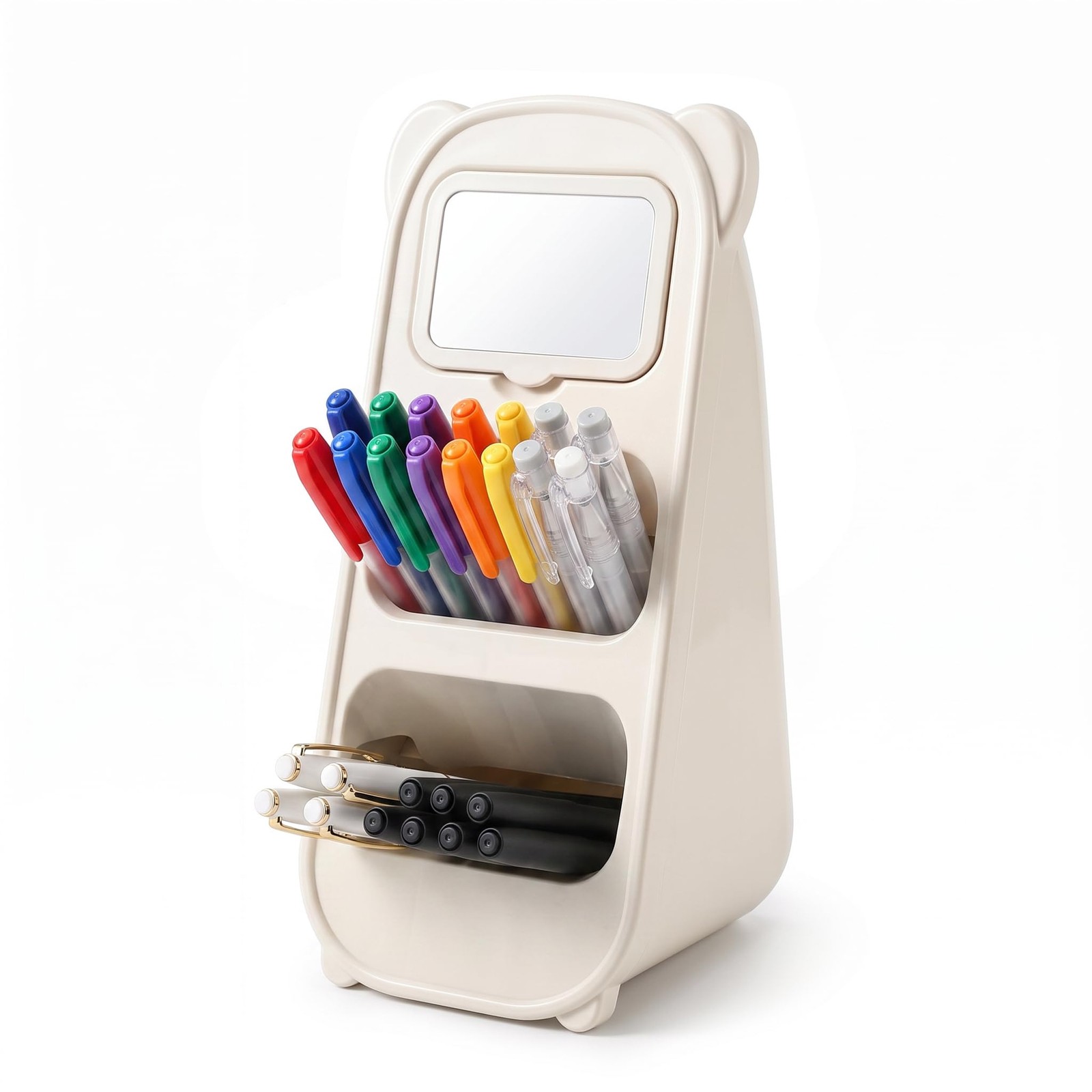 Cute Bear Pen Holder for Desk with Detachable Magnetic Mirror, Aesthetic Crea...