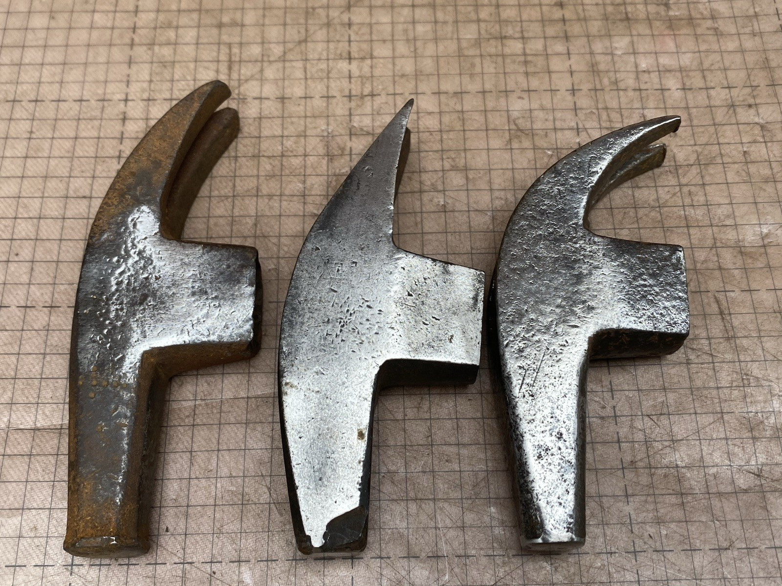 3 Vintage Maydole ? 9oz 10oz Small  Claw Hammer Heads Old Used Woodworking Tools