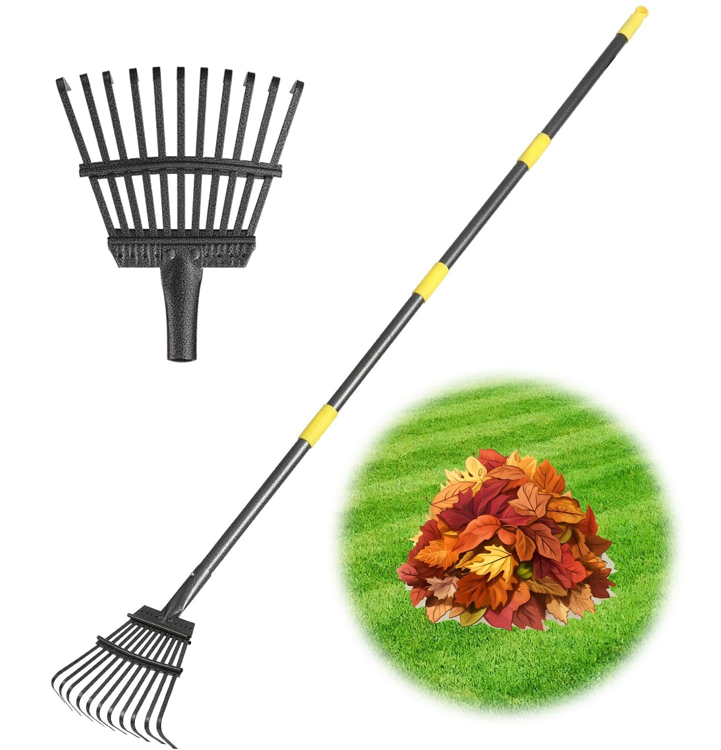 Adjustable Metal Leaf Rake with 11 Steel Tines for Garden and Yard Cleanup
