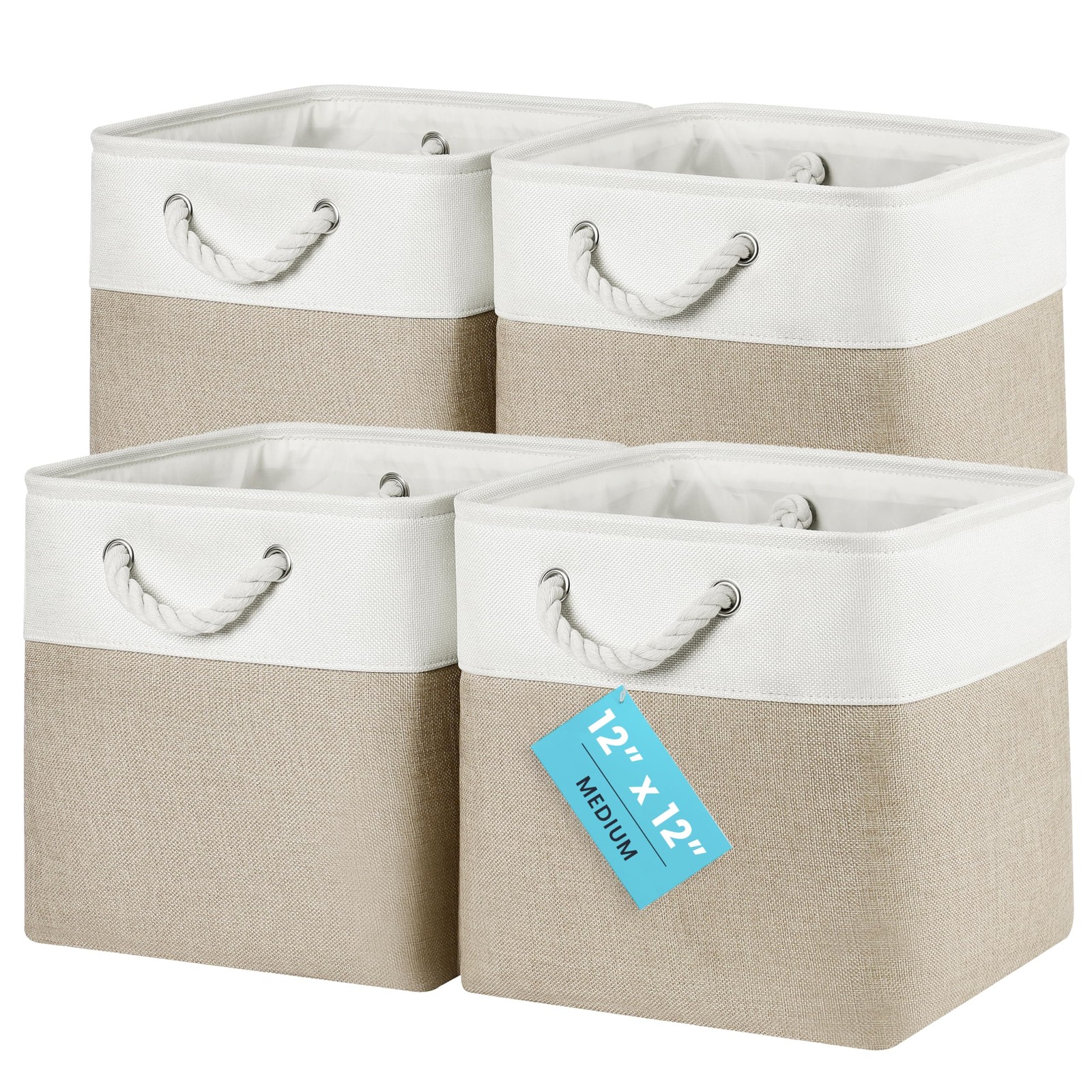 12x12 Cube Storage Bins 4 Pack, Foldable Cube Storage Organizer w/ Rope Handl...
