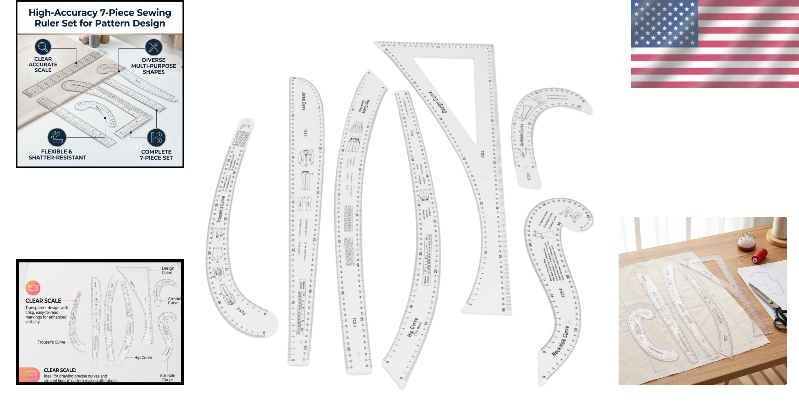 7-Piece Professional Sewing Ruler Set for Pattern Making