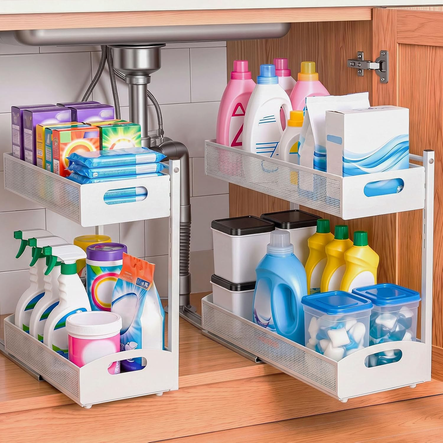 under Sink Organizer, 2 Pack 2-Tier Pull Out Cabinet Organizer with 4-Level Heig