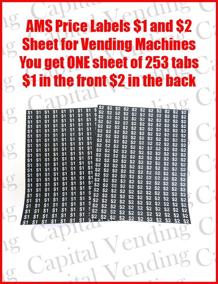 AMS Price Labels $1 and $2 Sheet for Vending Machines - one sheet of 253 tabs