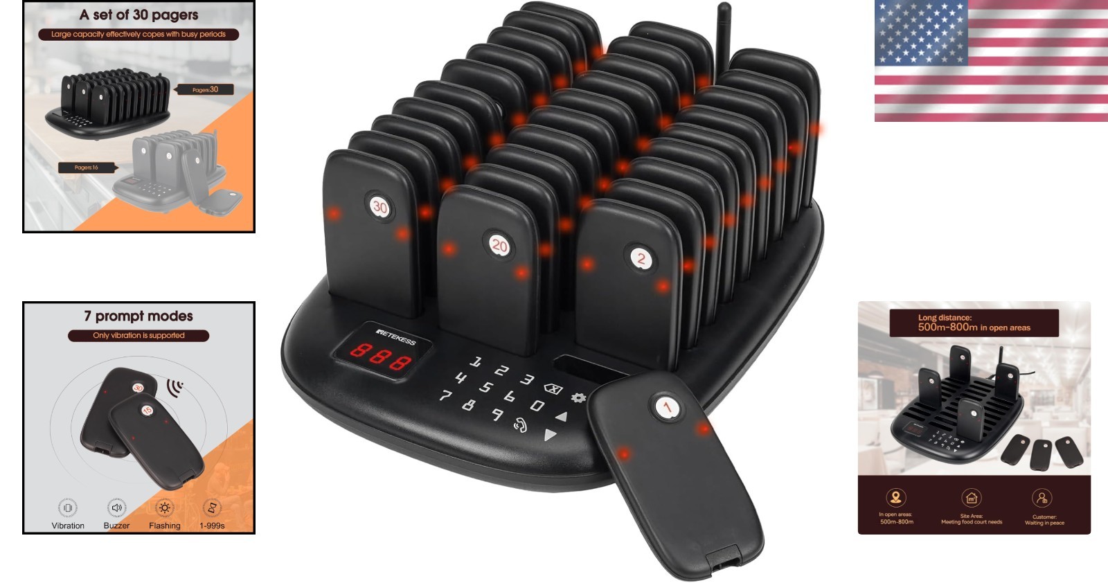 Wireless Restaurant Buzzer System with 30 Pagers - Custom Alerts & Long Range