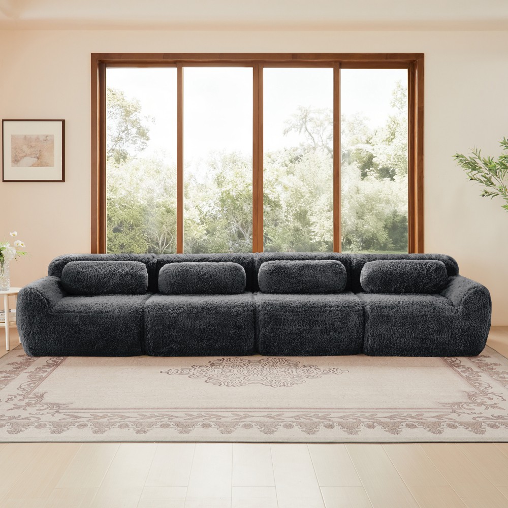 149'' Modular Plush Sofa w/Non-slip Base, Dark Grey, 32D Sponge