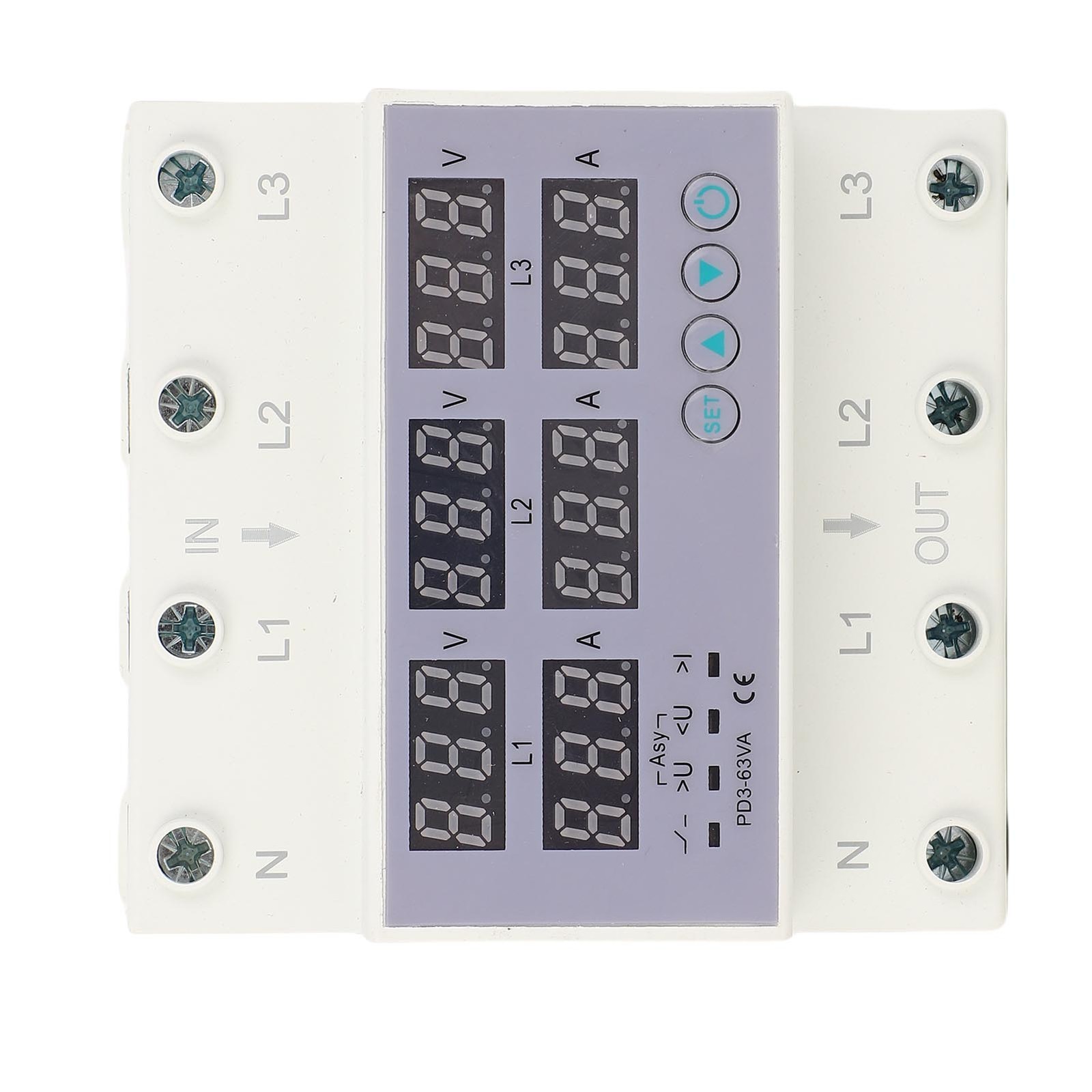 63A 3 Phase DIN Rail Voltmeter Ammeter Auto Overvoltage Overcurrent Protector AC