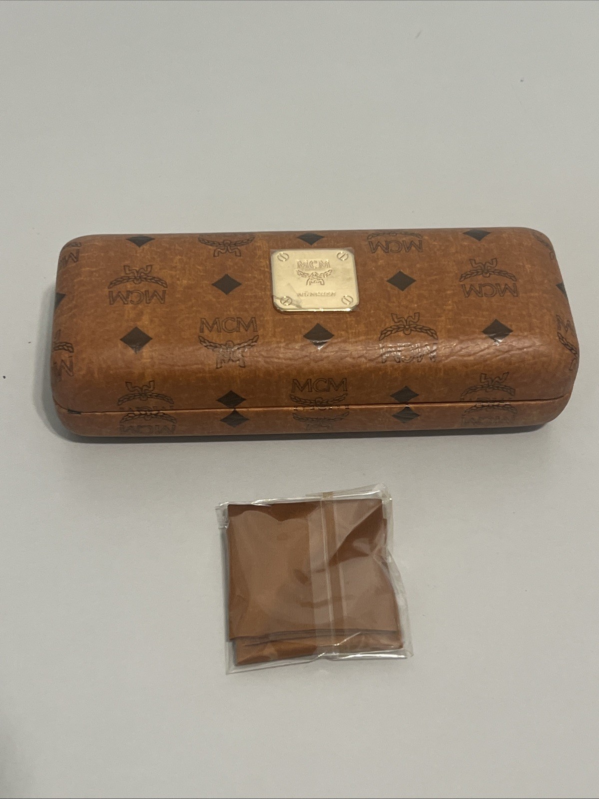 MCM Authentic Hardshell Eyeglass Case only  Cognac Brown w/ Cleaning Cloth  6x3