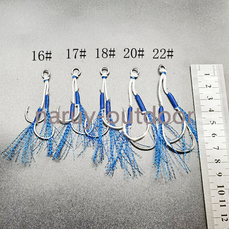 20 Pair Solid Ring Double Assist Barbed Hooks Blue Feather Fishing Slow Jig